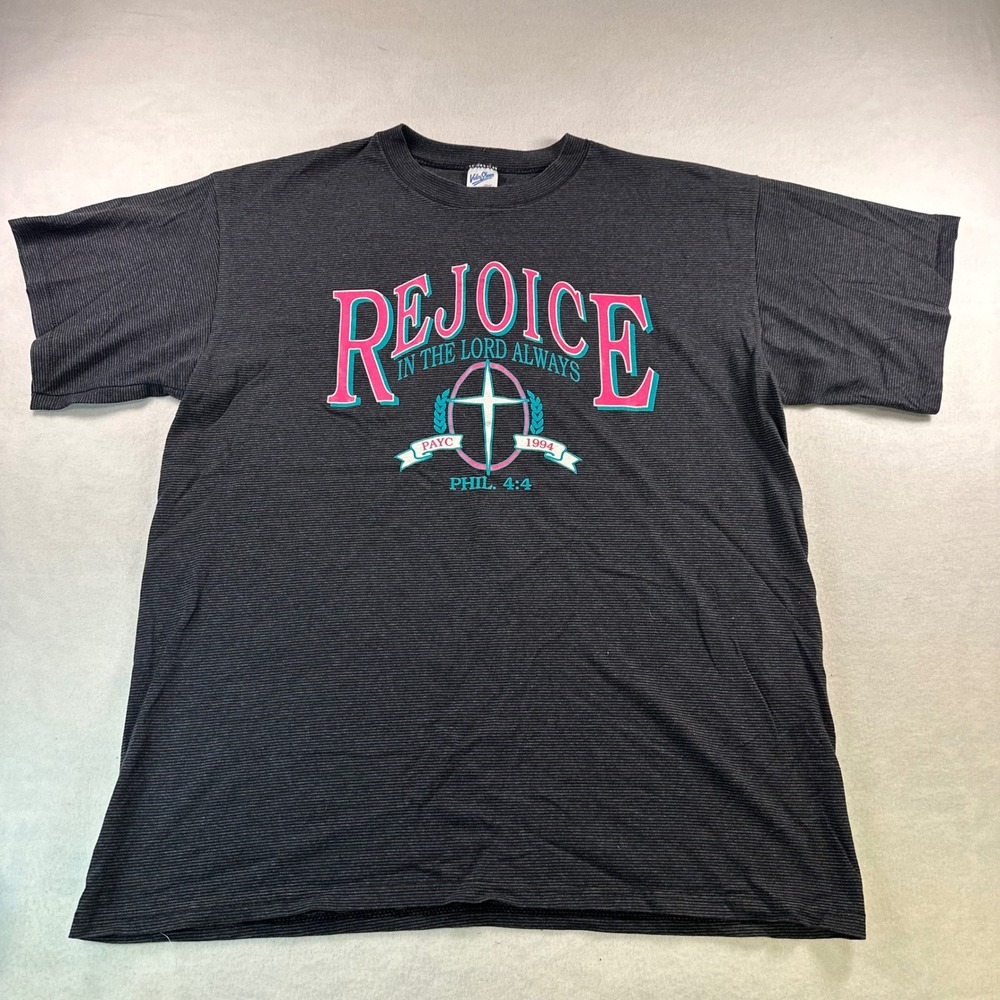 Vintage 1994 Velva Sheen Rejoice In The Lord Always T-Shirt XL Gray Stripe USA